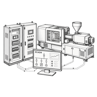 Illustration of electrical control cabinets, a SCADA monitor and a plastic injection molding machine